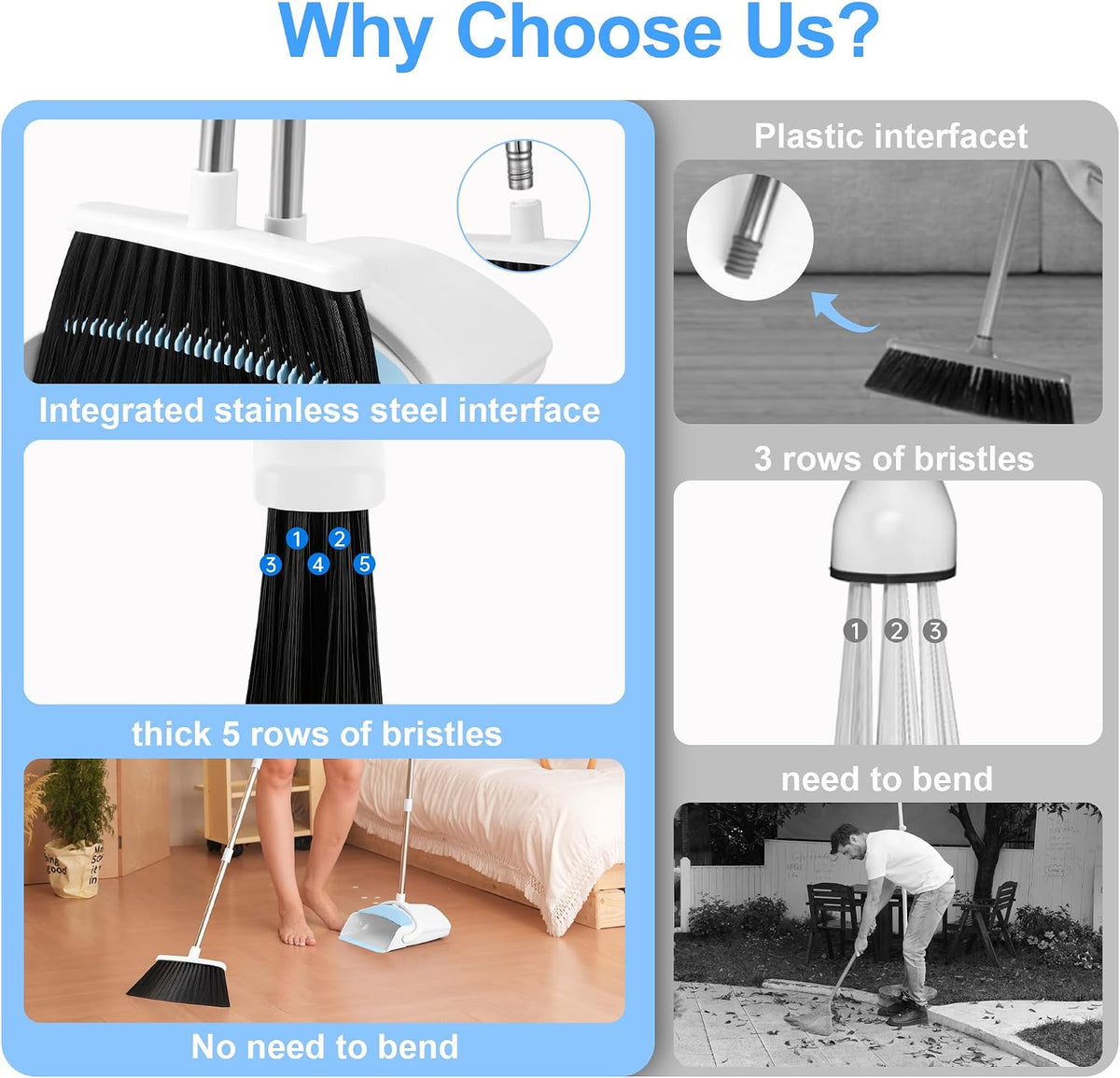 BSKLIN Broom and Dustpan Set, Broom with Dustpan Combo Set with Teeth to Clean Pet Hair 52-in Long Adjustable Handle Broom for Home Office Kitchen Lobby (White&Blue)