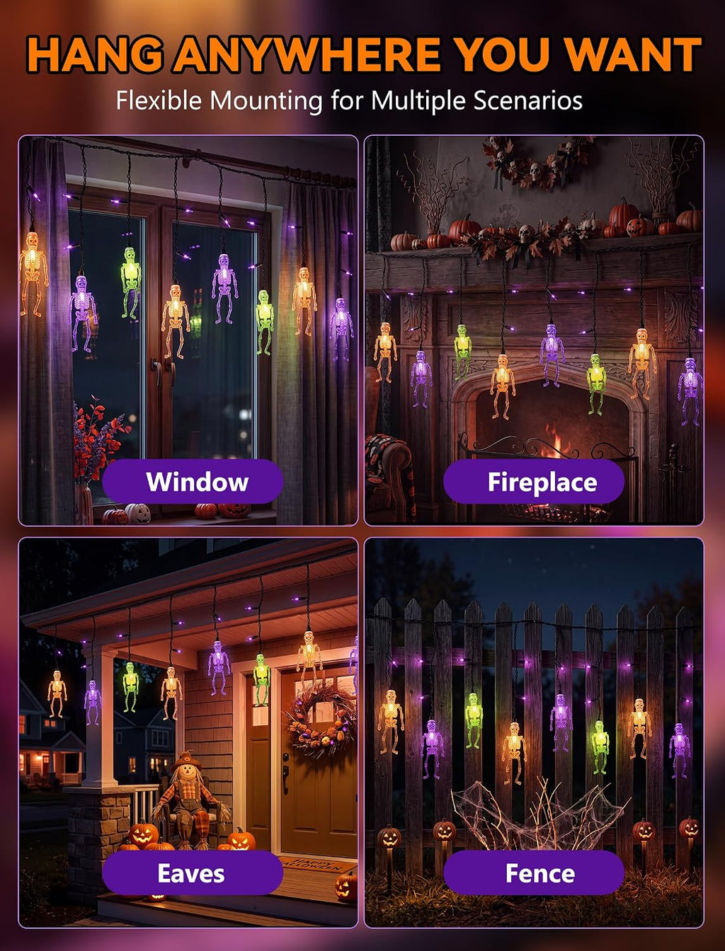 7FT 10 LED Halloween Skull Curtain String Lights, 15 Purple Bulbs, Plug in