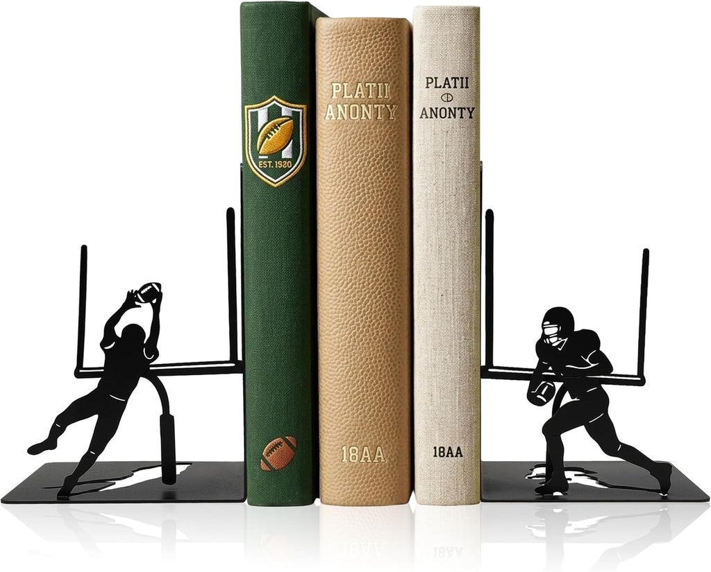 Matte Black Metal Football Bookends – Decorative Sports-Themed Bookends for Boys Room, Man Cave, Office, Game Room, Football Fans, Athlete Gifts, Coach Appreciation, Birthday