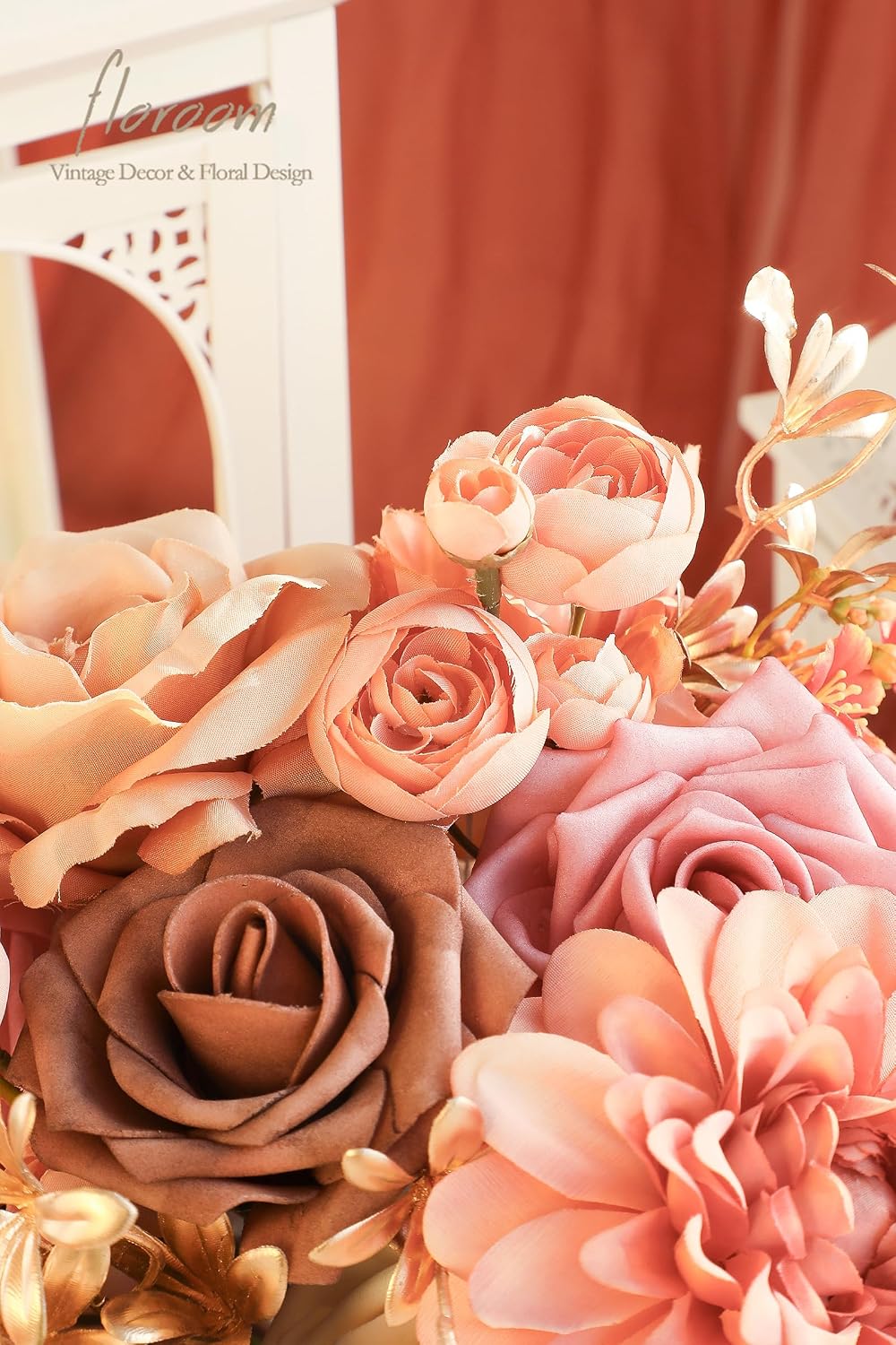 Floroom Terracotta Artificial Flowers Burnt Orange Fake Roses Dahlias and Greenery Combo Box Set for DIY Wedding Bouquets Bridal Shower Centerpieces Floral Arrangements Party Tables Home Decorations
