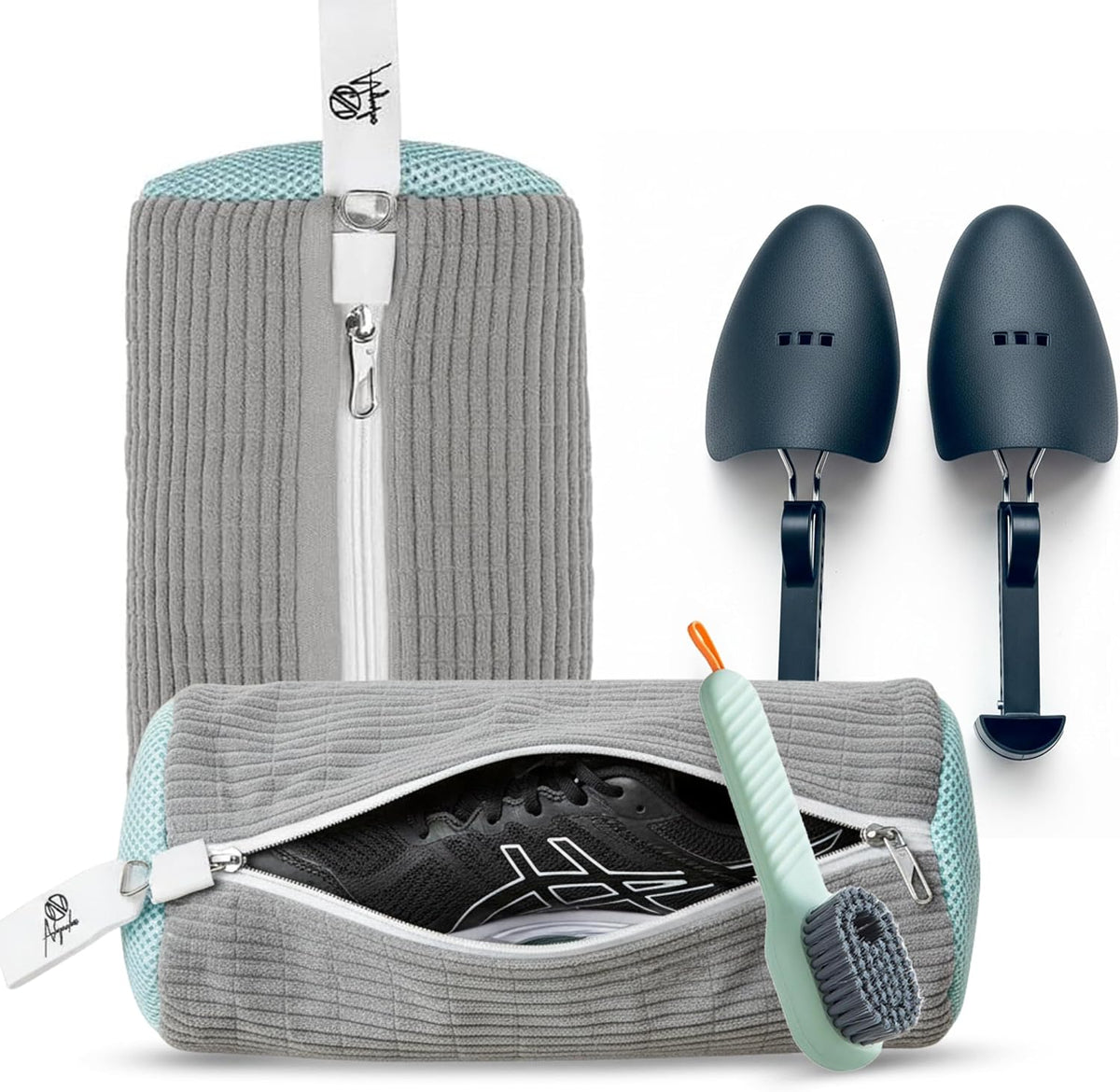 2-Pack Shoe Washing Machine Bags with Shoe Trees & Brush – Reusable Mesh Laundry Shoe Bag for Sneakers, Tennis & Running Shoes, Durable Shoe Cleaner Kit, Secure Zipper, Gray (15.4x 7.5 Inch)