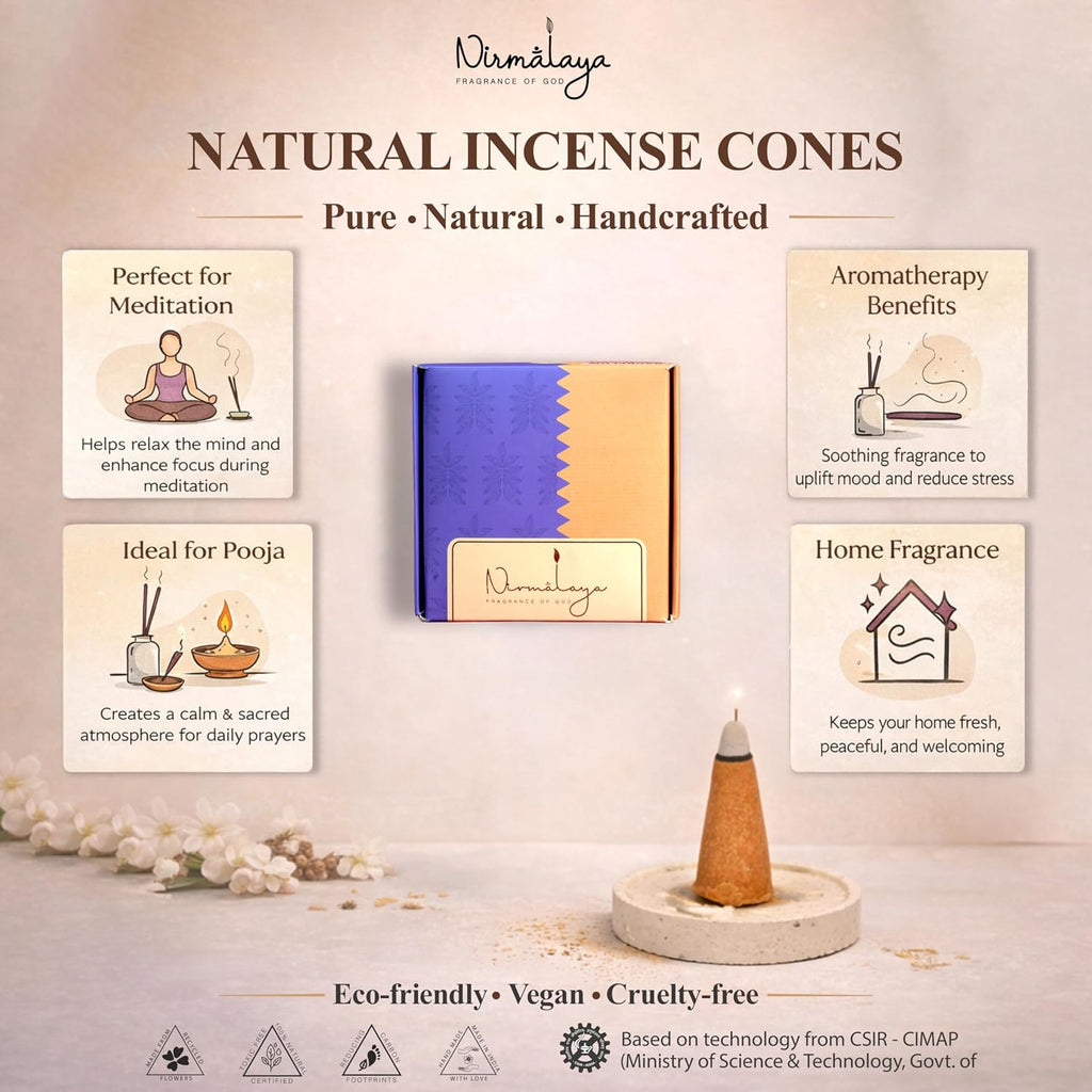 Nirmalaya Luxury Incense Cones | Handmade & Organic | Made in India from Recycled Flowers | Charcoal-Free, Bamboo-Free | 40 Cones, 100g (Patchouli)