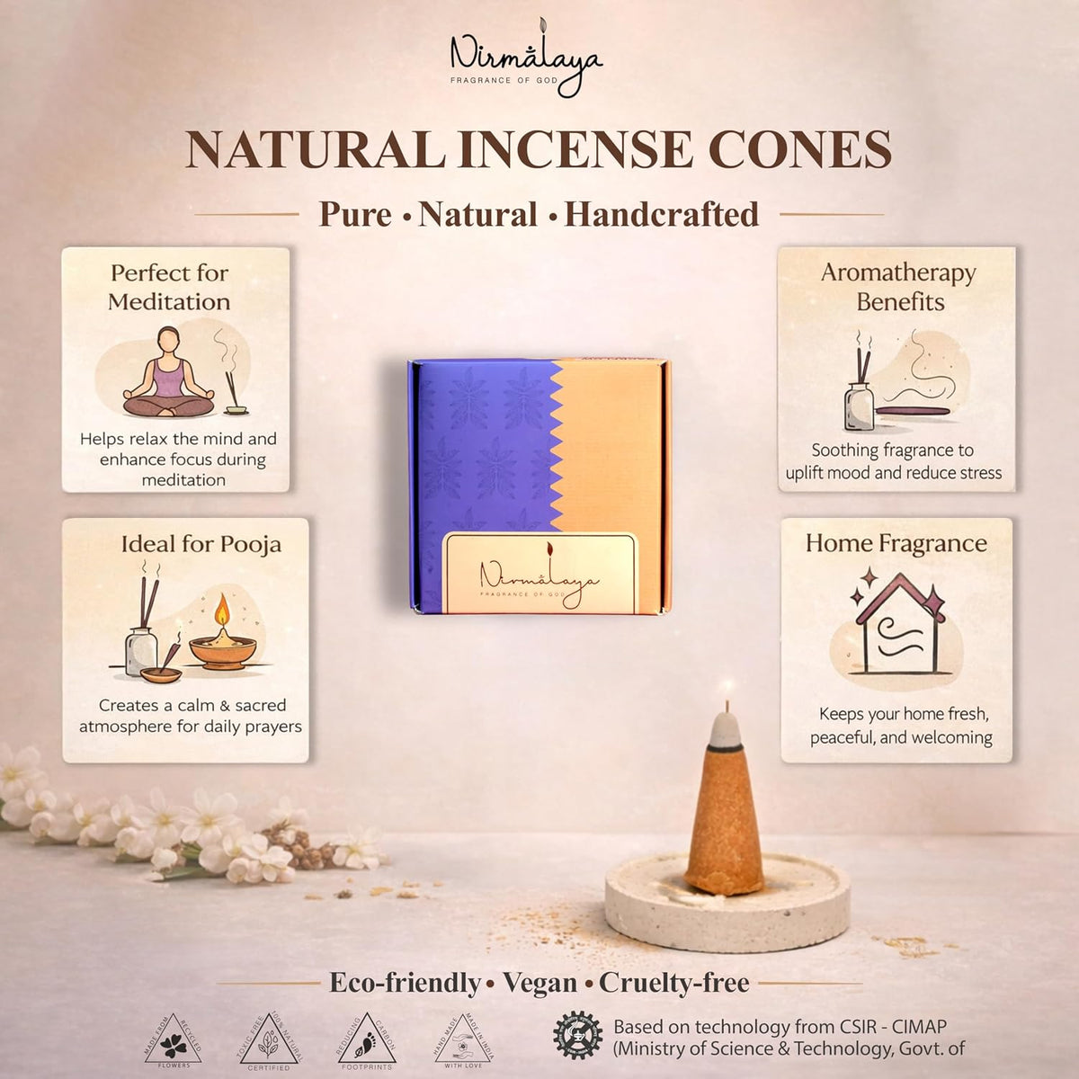 Nirmalaya Luxury Incense Cones | Handmade & Organic | Made in India from Recycled Flowers | Charcoal-Free, Bamboo-Free | 40 Cones, 100g (Patchouli)