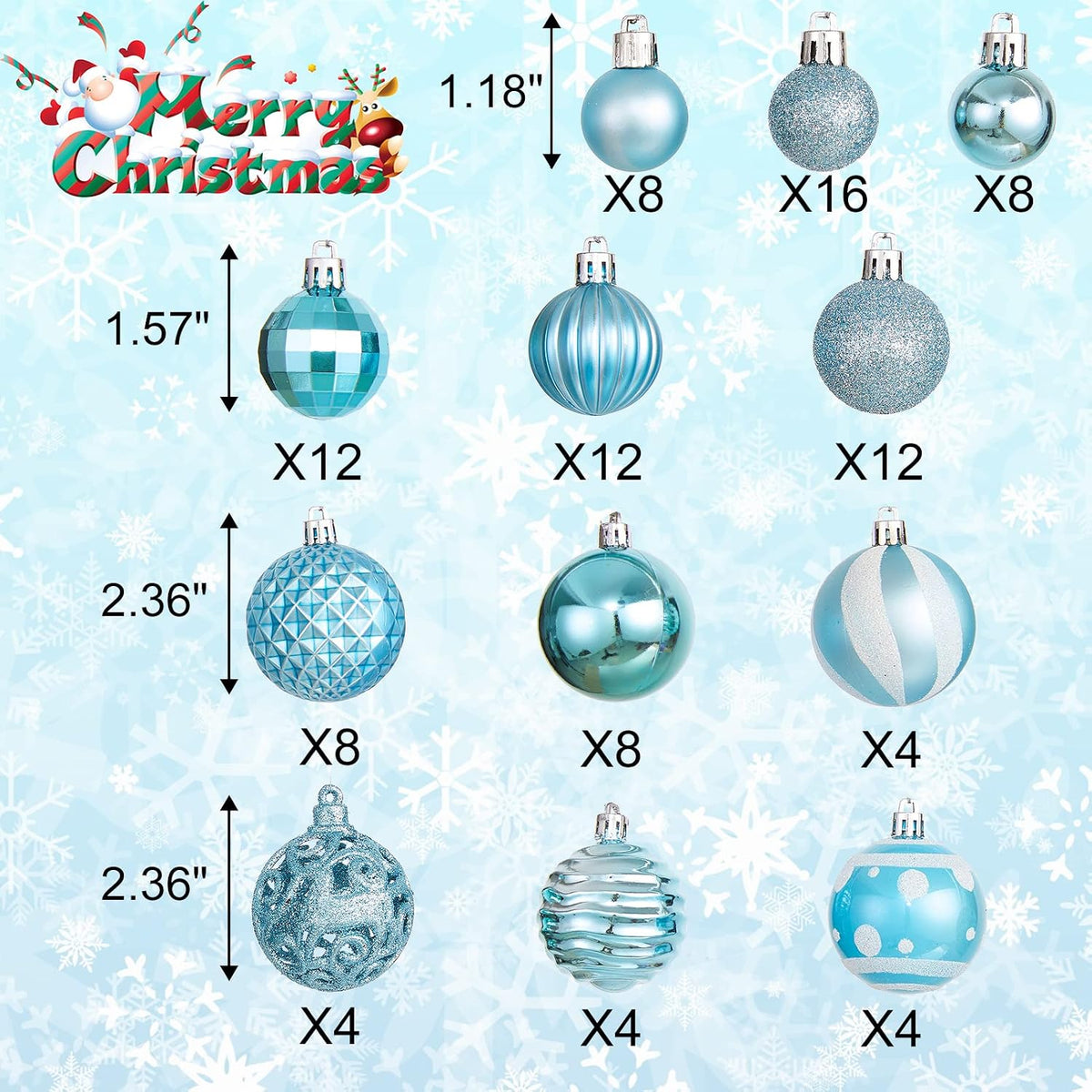 100PCS Christmas Ball Ornaments, Assorted Shatterproof Christmas Tree Decorations, Seasonal Decorative Hanging Baubles Decor Set for Xmas/Holiday/Party, Glitter&Painting Ornament Set (Light Blue)