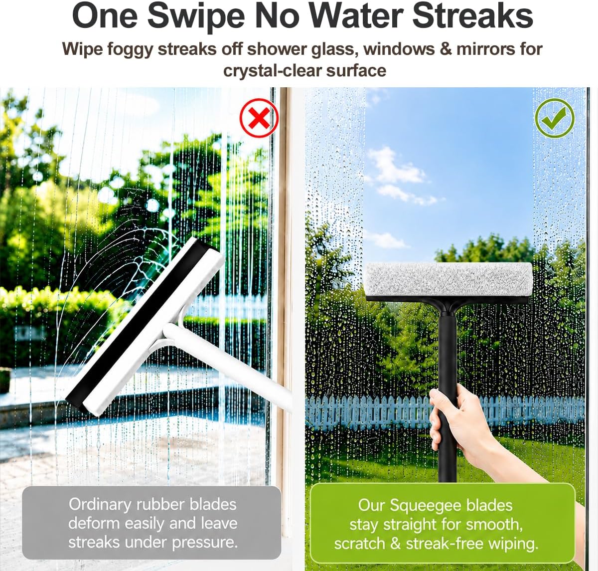 2 in 1 Window Squeegee with Adjustable Telescopic Pole, Shower Glass Squeegee for Indoor Outdoor Windows, Glass Doors, Shower Stalls, Car Windshield, Bathroom Tiles and Hard Floors