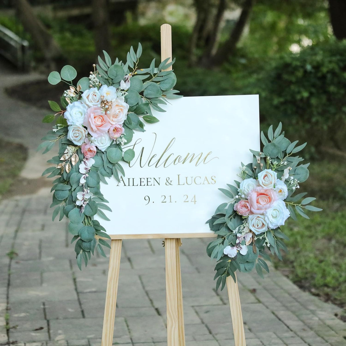 Artificial Blush Pink Wedding Arch Flower Swags Set of 2 for Welcome Signs and Ceremony Decorations, Champagne Gold Wedding Flowers