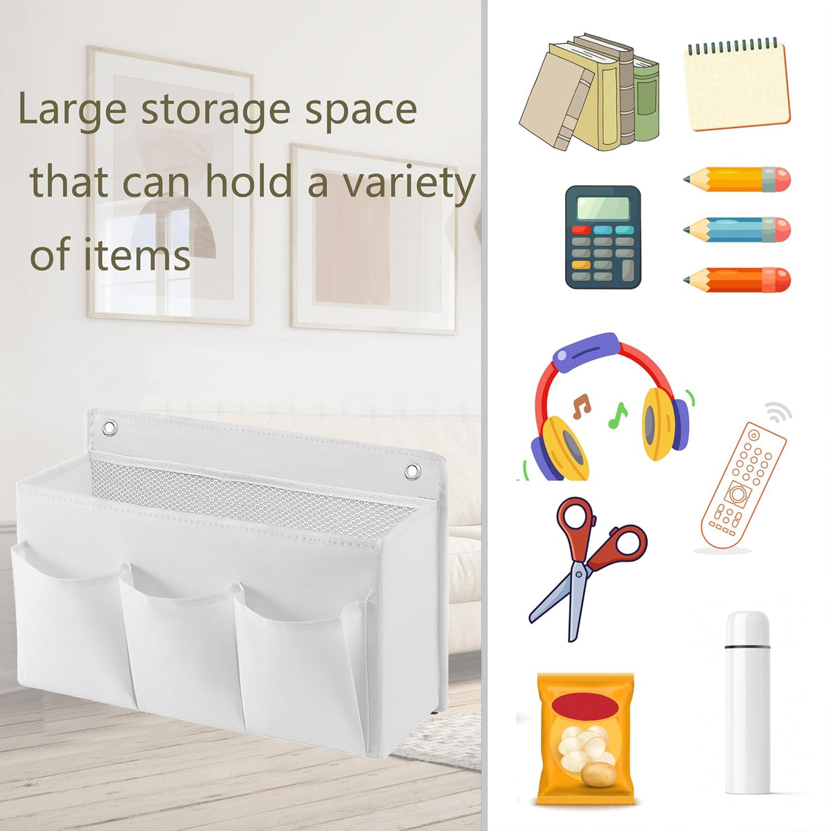 2-Pack Hanging Storage Baskets - Wall Organizer with 3 Pockets for Home/Dorm/Closet/Door, Multi-Purpose Space Saver for Office/Bathroom/Nursery - Foldable Fabric Organizer (White)
