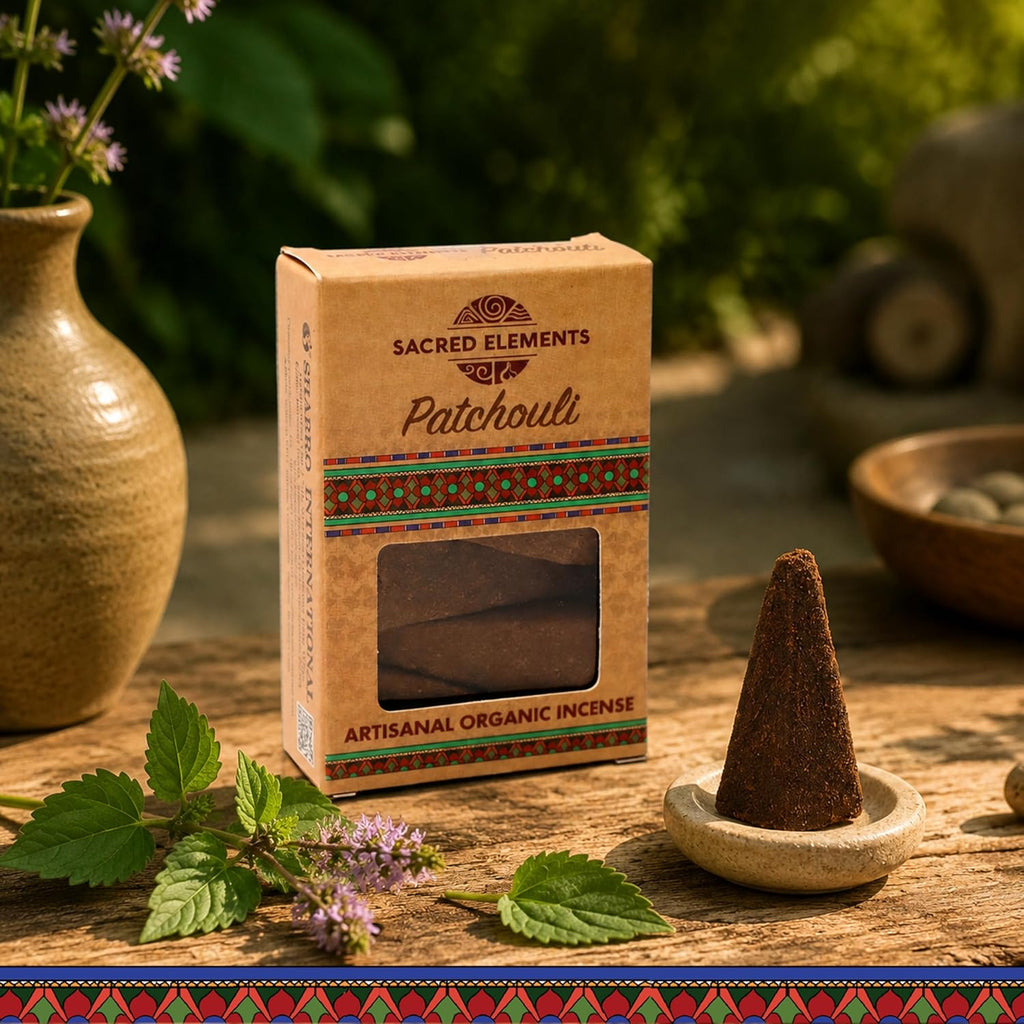 Sacred Elements Organic Incense Cones – Patchouli Scent (Pack of 4) | Natural Aromatherapy for Relaxation & Mood Balance | Handcrafted, Low Smoke, Long-Lasting Fragrance for Home Use