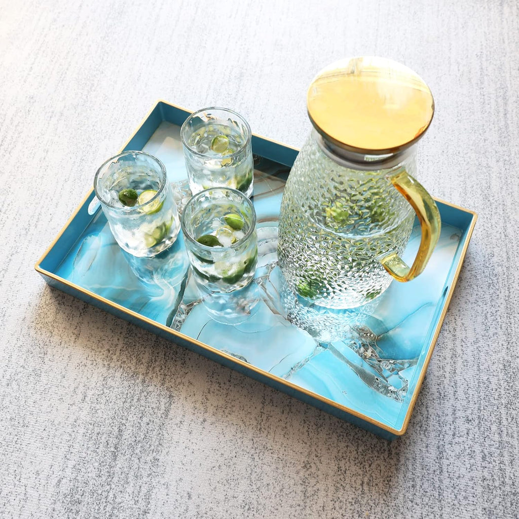 Spsyrine Decorative Tray, Plastic Marble Serving Tray with Handles for Breakfast, Ottoman, Coffee Table, Bathroom, Kitchen, Living Room 15.6” X 10.2"