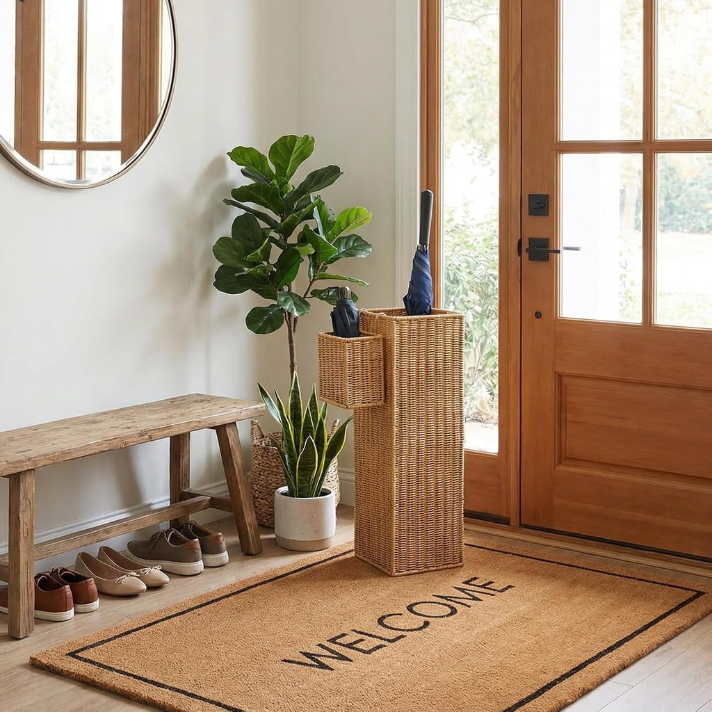 Rattan Umbrella Stand with Drip Tray,Umbrella Holder with Small Basket for Entryway, Tall Wicker Basket for Storage, Woven Organizer for Inoor, Outdoor, Home, Office, Hotel