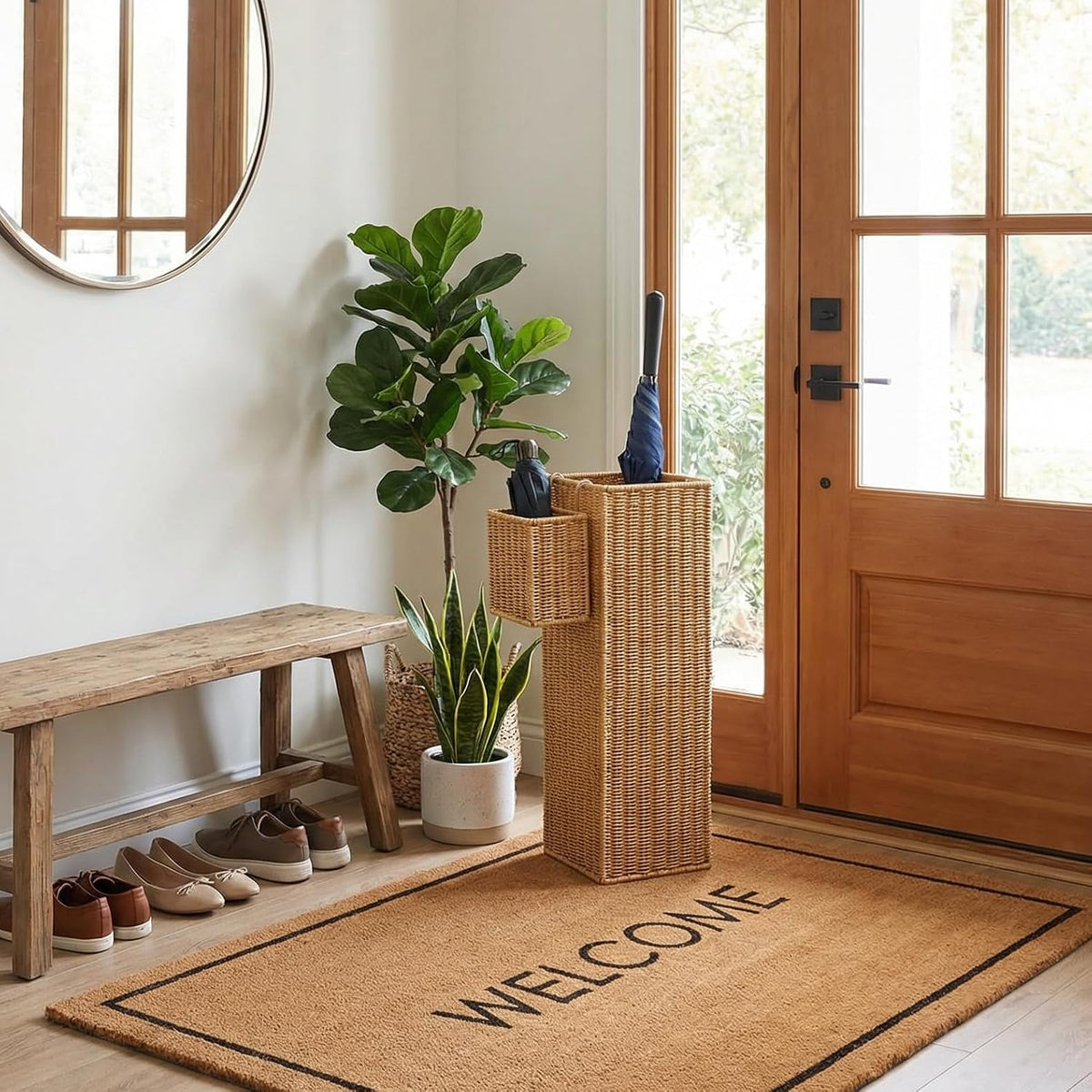 Rattan Umbrella Stand with Drip Tray,Umbrella Holder with Small Basket for Entryway, Tall Wicker Basket for Storage, Woven Organizer for Inoor, Outdoor, Home, Office, Hotel