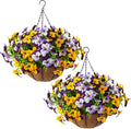 lovemoon 2 Set Artificial Outdoor Pansy Flowers with Hanging Baskets