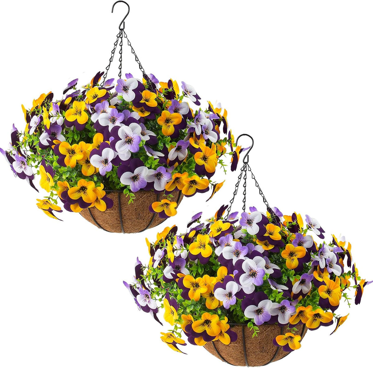 lovemoon 2 Set Artificial Outdoor Pansy Flowers with Hanging Baskets