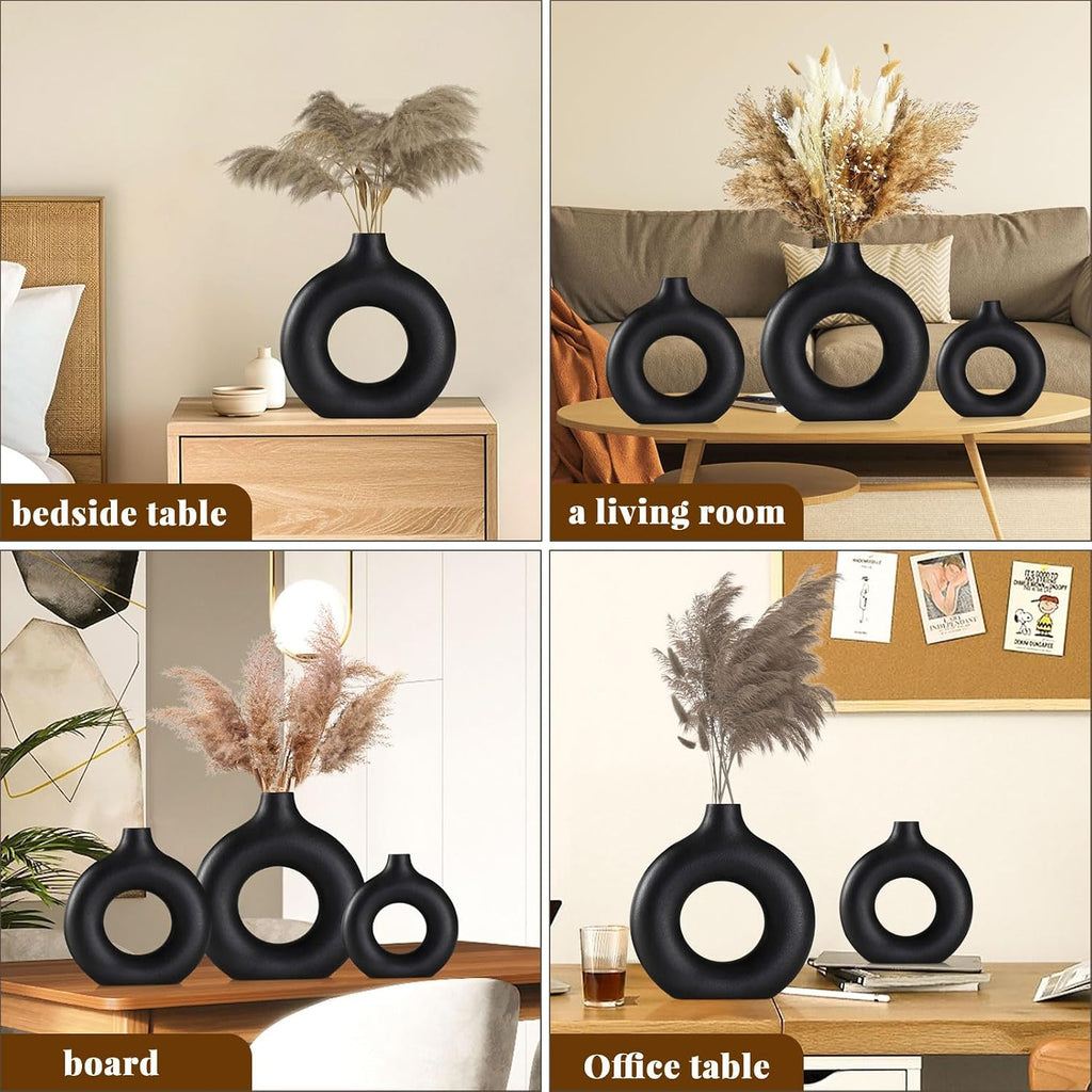 Black Ceramic Vases -for Modern Home Decor,Black Round Vase Set 3 Matte Design Minimalist Nordic Boho Style for Wedding Dinner Table Living Room Office Bedroom, Decorative Gift