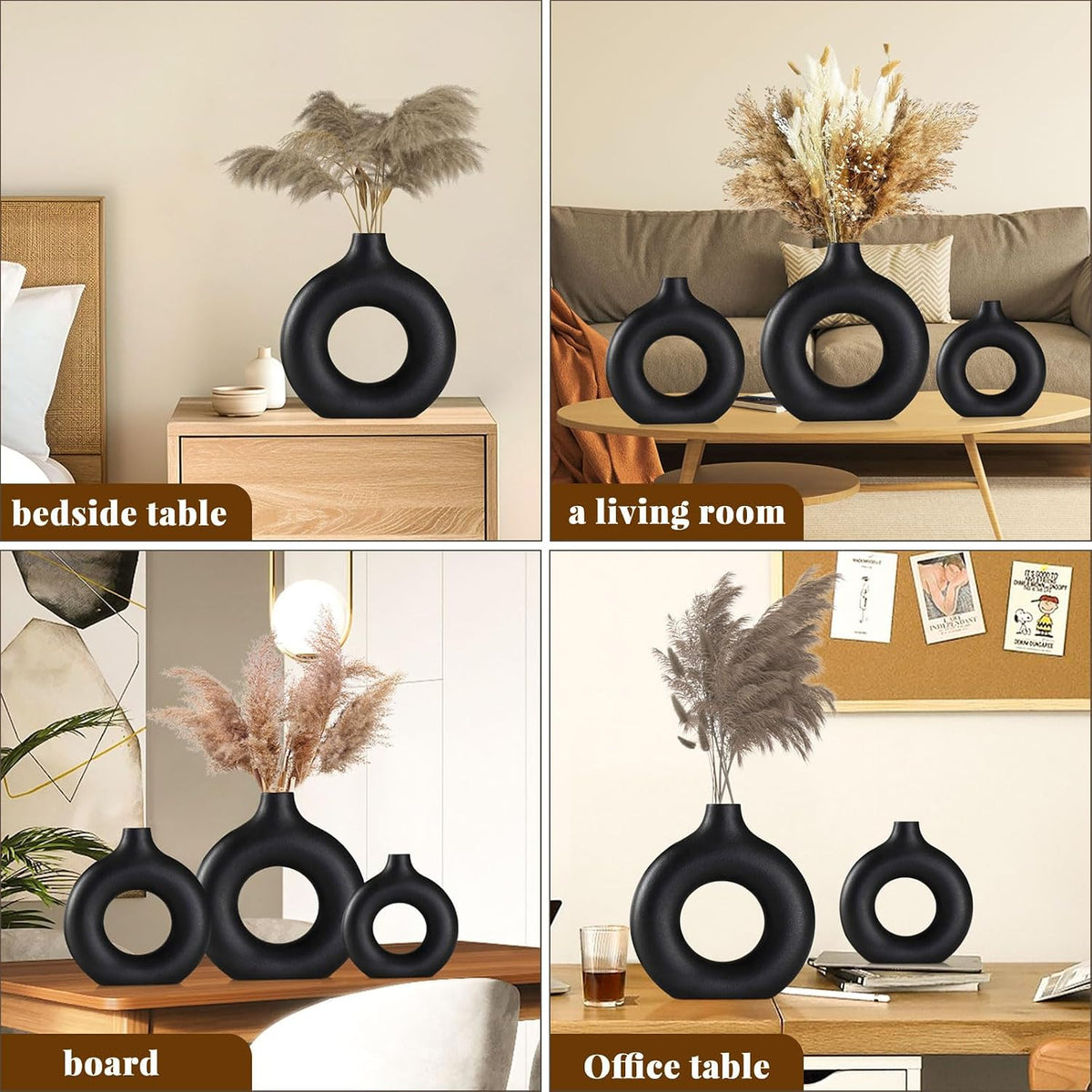 Black Ceramic Vases -for Modern Home Decor,Black Round Vase Set 3 Matte Design Minimalist Nordic Boho Style for Wedding Dinner Table Living Room Office Bedroom, Decorative Gift