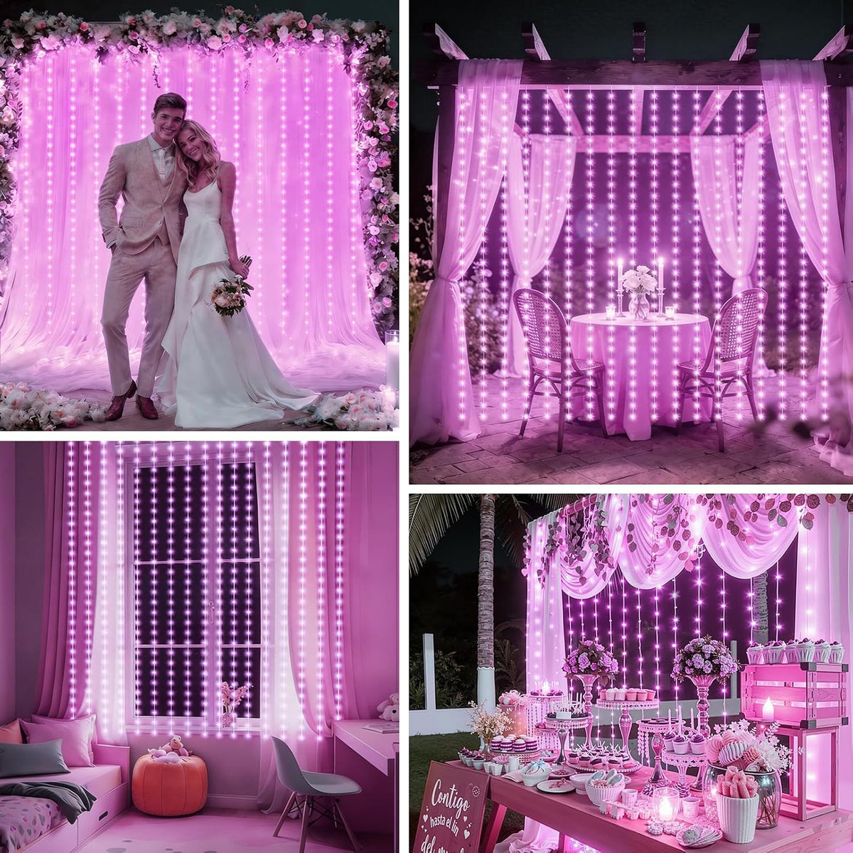 echosari Curtain Lights Battery Operated 9.8 x 9.8Ft with Timer Pink