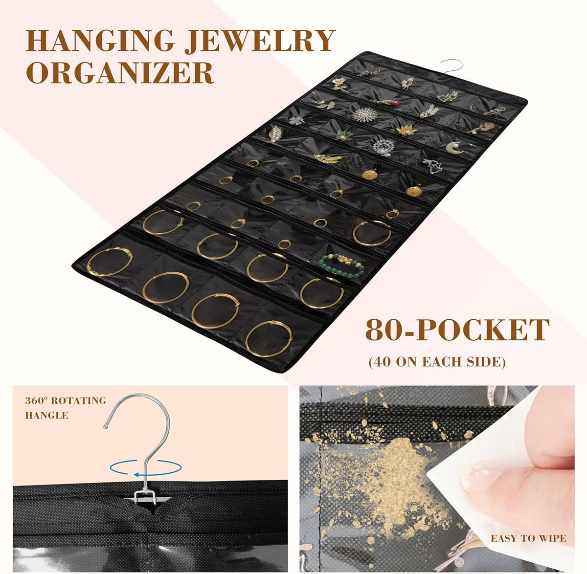 80 Pocket Hanging Jewelry Organizer with Hanger Metal Hooks Storage On Wall Door Closet Double-Sided(Each Side 40 Pockets) Jewelry Holder for Earrings, Necklaces, Rings (4 PACK BLACK)