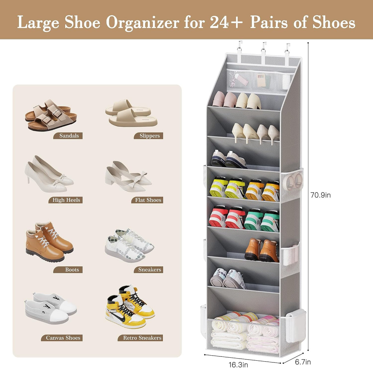 Criusia Shoe Storage, Over the Door Shoe Organizer, Hanging Closet Shoe Storage with Large Deep Pockets, Fits 16–24 Pairs of Sneakers, Sandals, Boots, Gray