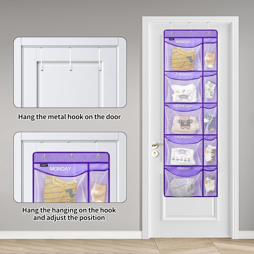 Weekly Clothes Organizer for Kids, Monday to Friday Hanging Closet Organizer, 5-Shelf Large Capacity School Storage with Side Pockets, Purple (Quantity 1)