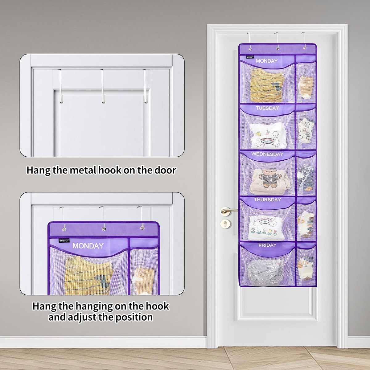 Weekly Clothes Organizer for Kids, Monday to Friday Hanging Closet Organizer, 5-Shelf Large Capacity School Storage with Side Pockets, Purple (Quantity 1)