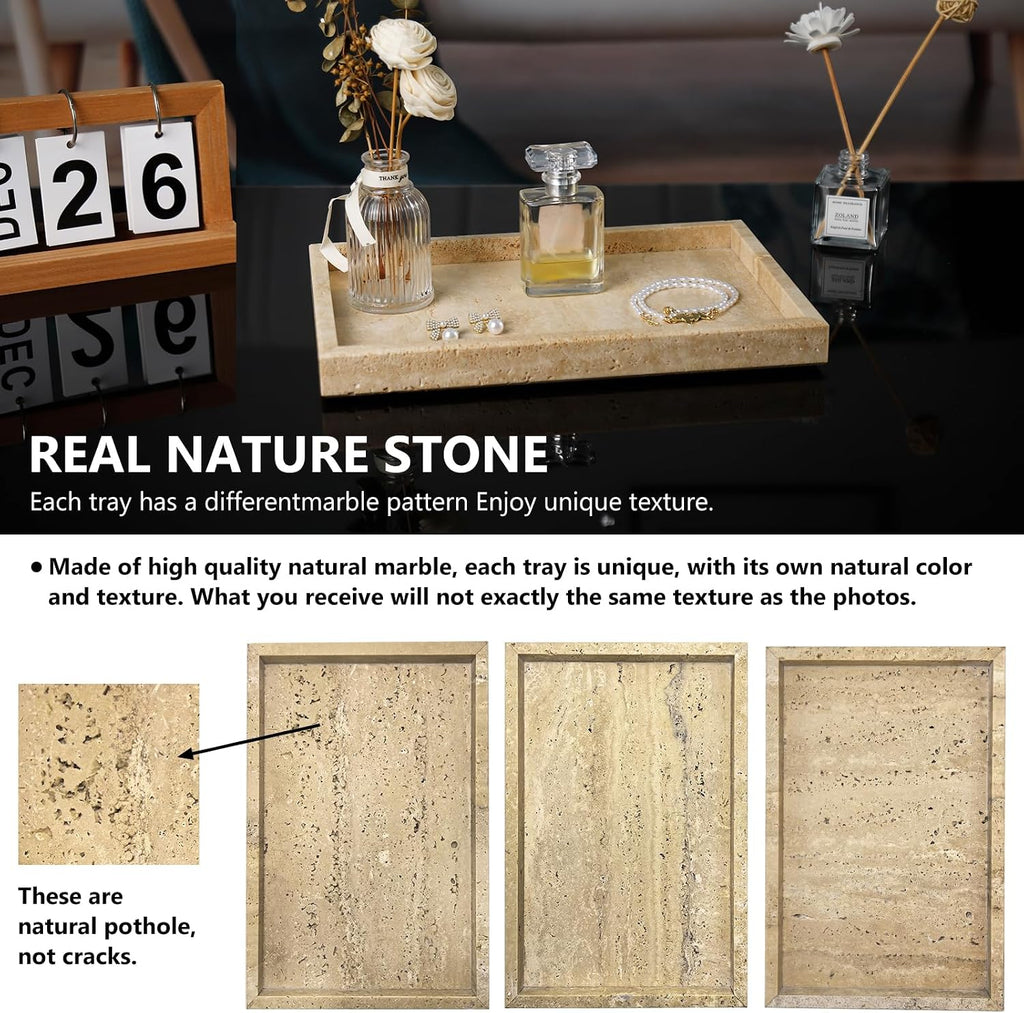 Real Natural Travertine Tray for Bathroom, Vanity, Kitchen Counter