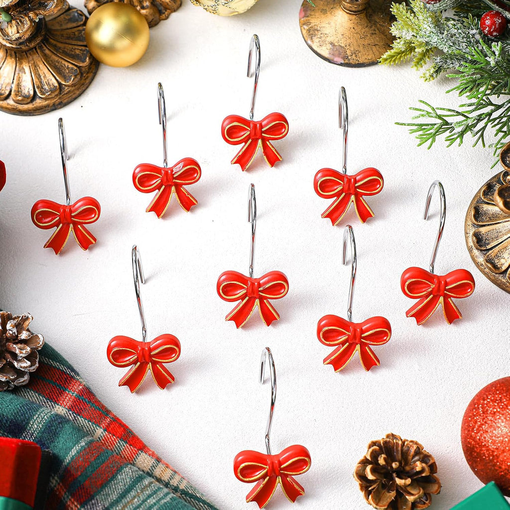 Weysat 12 Pcs Red Bow Christmas Shower Curtain Hooks Bathroom Decor