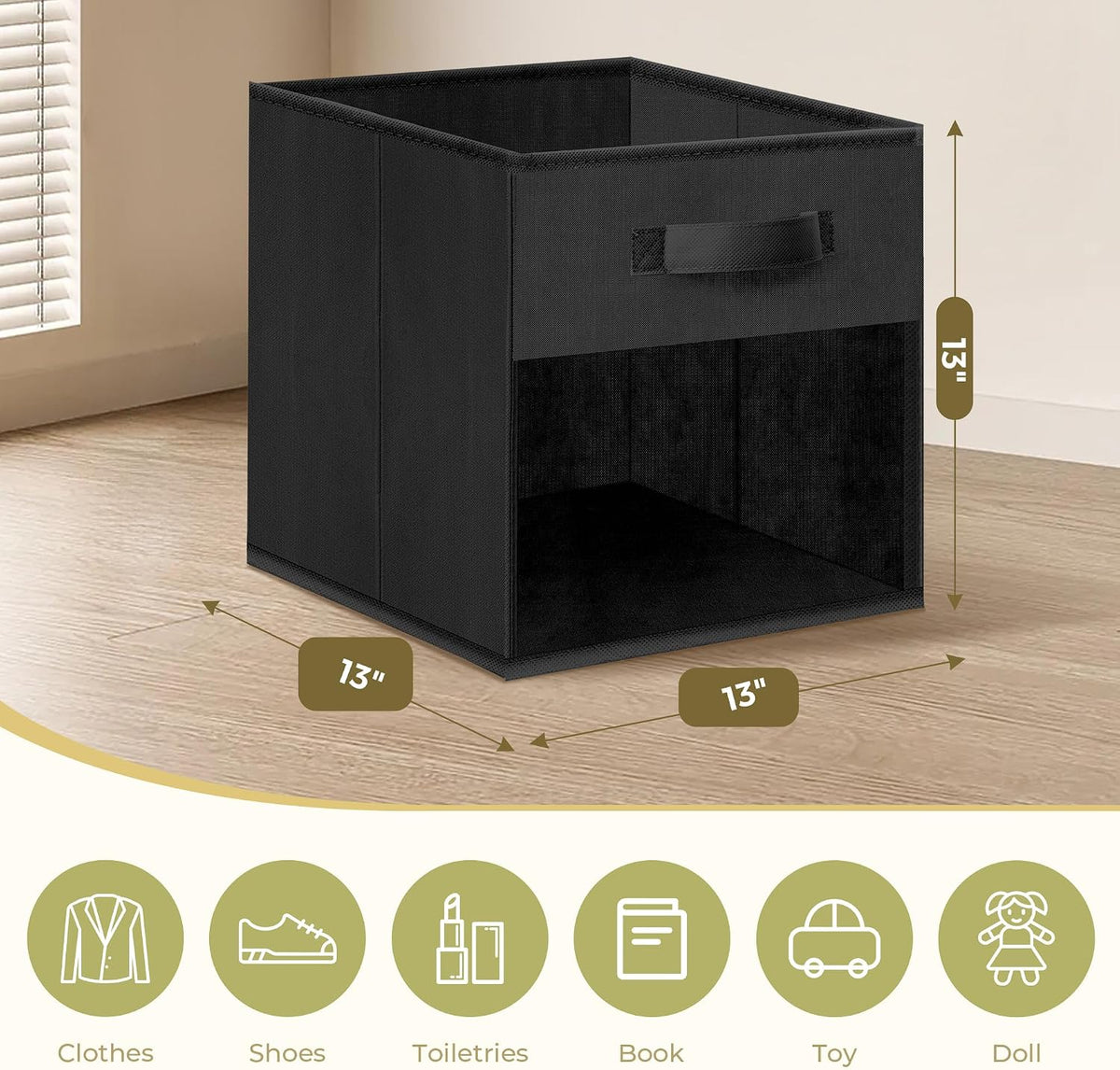 Storage Cubes, 13 Inch Cube Storage Bins With Clear Window, 6 Pack, Foldable Cubes With Handles, Closet Storage Organizer Bins, Cubby Clothing Storage Baskets for Shelves, Black