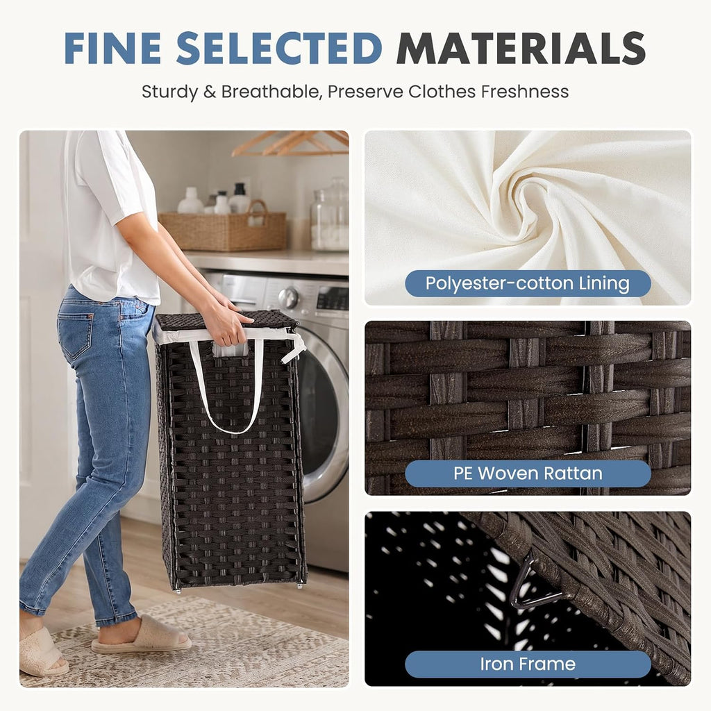 DUMOS Laundry Basket with Lid, 90L Wicker Laundry Hampers, Chestnut Brown