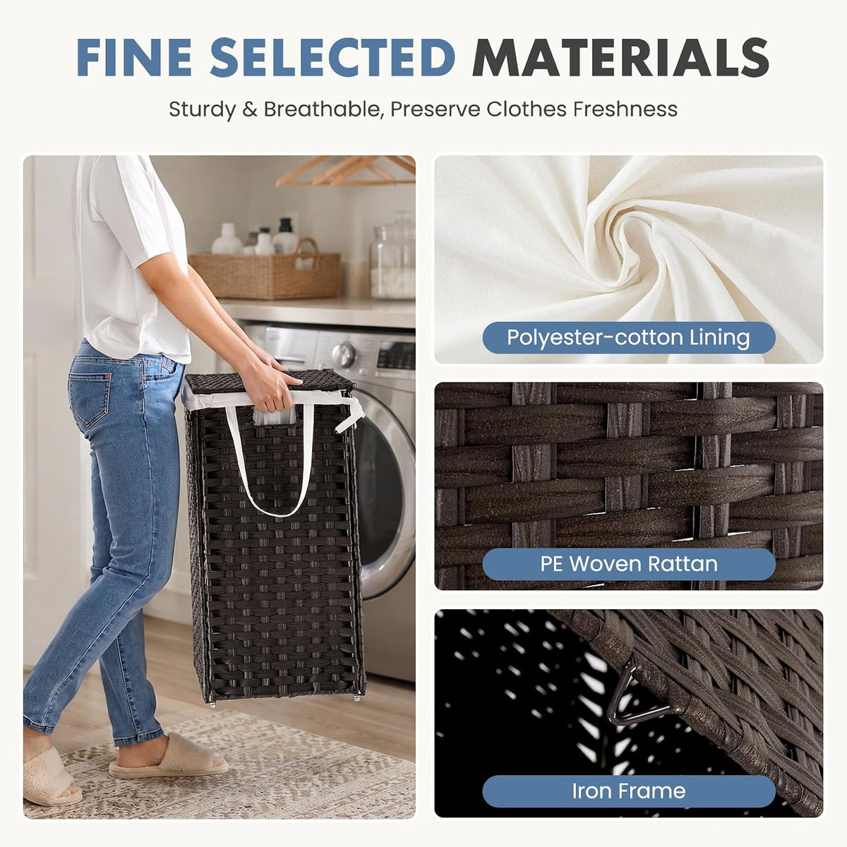 DUMOS Laundry Basket with Lid, 90L Wicker Laundry Hampers, Chestnut Brown