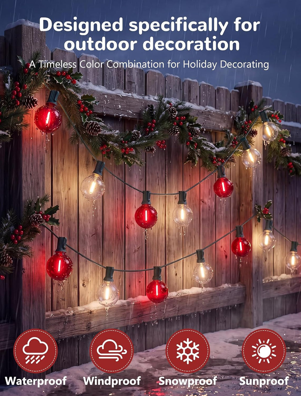 50FT LED G40 Red and White Christmas String Lights Outdoor, 27 Globe Bulbs