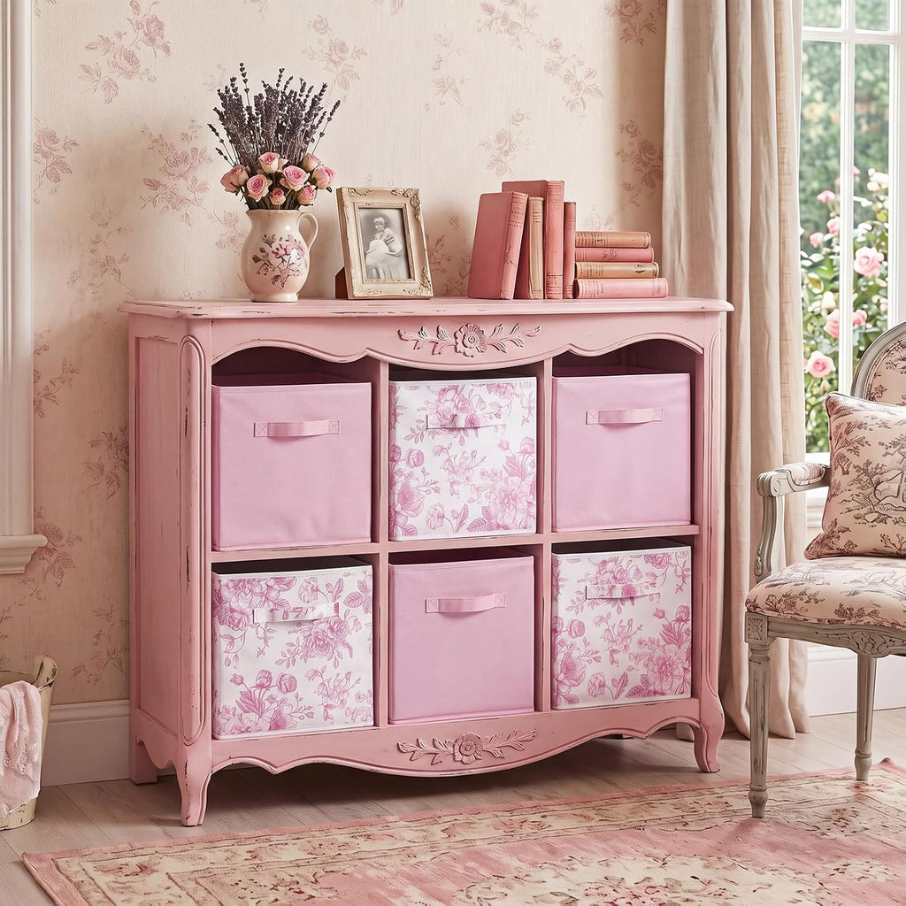 Geelin 6 Pcs Pink and Pink Floral Cube Storage Bins 11 Inch Storage Basket