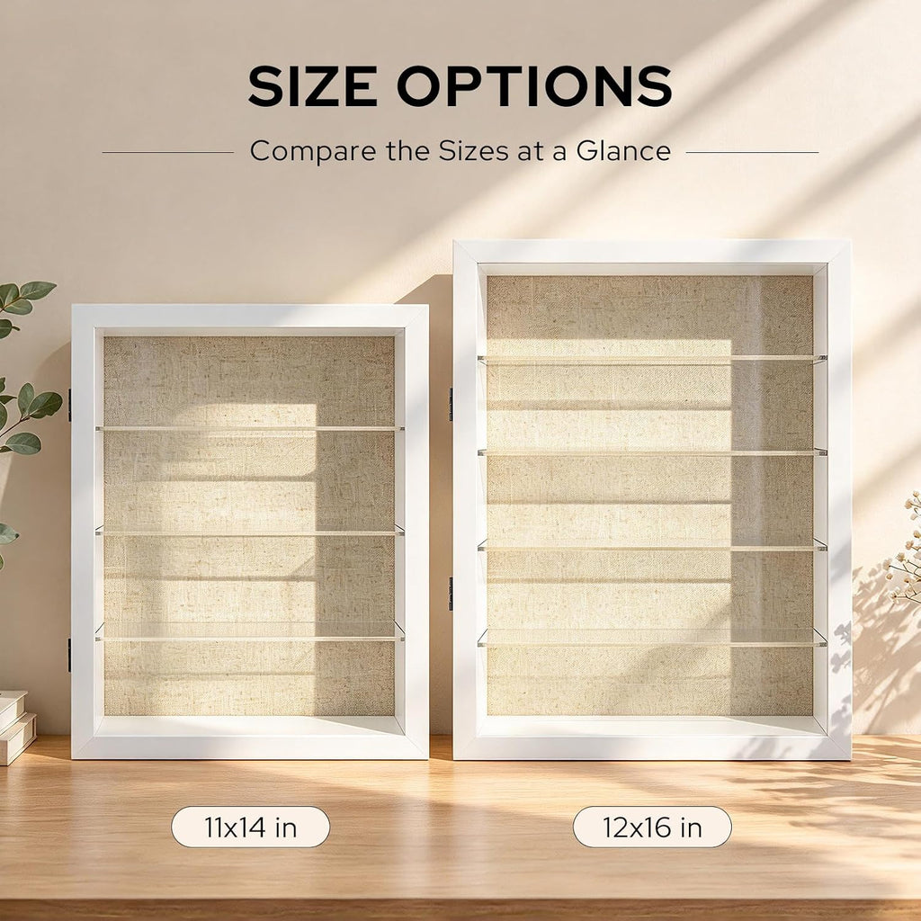 12x16 Shadow Box Display Cases with 4 Removable Clear Shelves, White