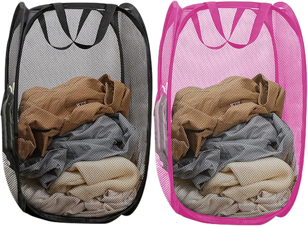 Pop Up Laundry Hamper Pack of 2 Mesh Collapsible Laudry Baskets with Side Pocket and Handles, Easy to Carry for Cruise, Home, Dorms, Laundry Room (Black+Rose red)