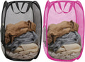 Pop Up Laundry Hamper Pack of 2 Mesh Collapsible Laudry Baskets with Side Pocket and Handles, Easy to Carry for Cruise, Home, Dorms, Laundry Room (Black+Rose red)