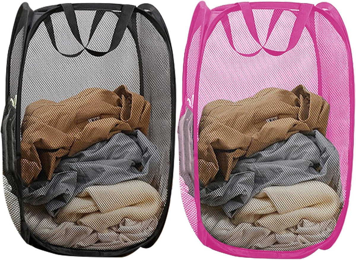 Pop Up Laundry Hamper Pack of 2 Mesh Collapsible Laudry Baskets with Side Pocket and Handles, Easy to Carry for Cruise, Home, Dorms, Laundry Room (Black+Rose red)