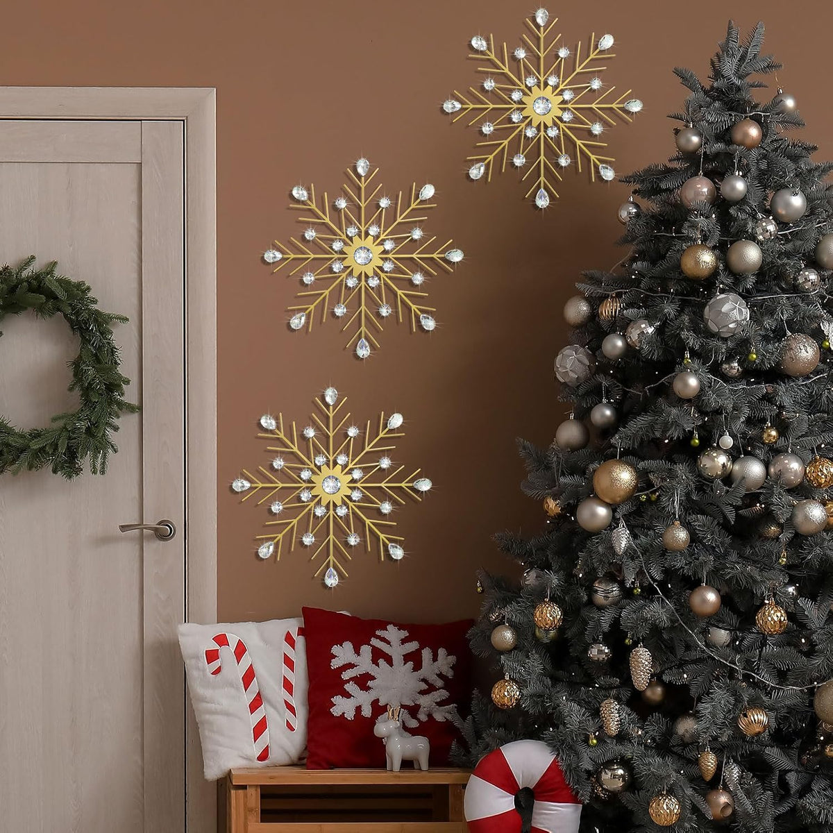 ZEXUIRU 3 Set Snowflake Wall Decor Living Room Bedroom Entryway Metal Bling, Crystal Rhinestone Starburst Sunburst Sparkling Wall Art Decor Silver Metal Christmas Decoration-Gold 13in