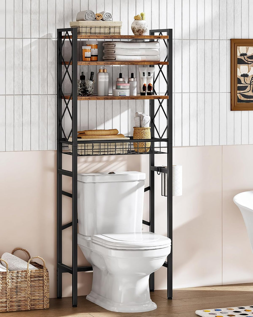 CHOEZON Over The Toilet Storage Rack, 4-Tier Bathroom Organizer Shelf, Over Toilet Storage with Wire Basket and Toilet Paper Holder, Adjustable Shelves, for Bathroom, Rustic Brown and Black TTS03BF