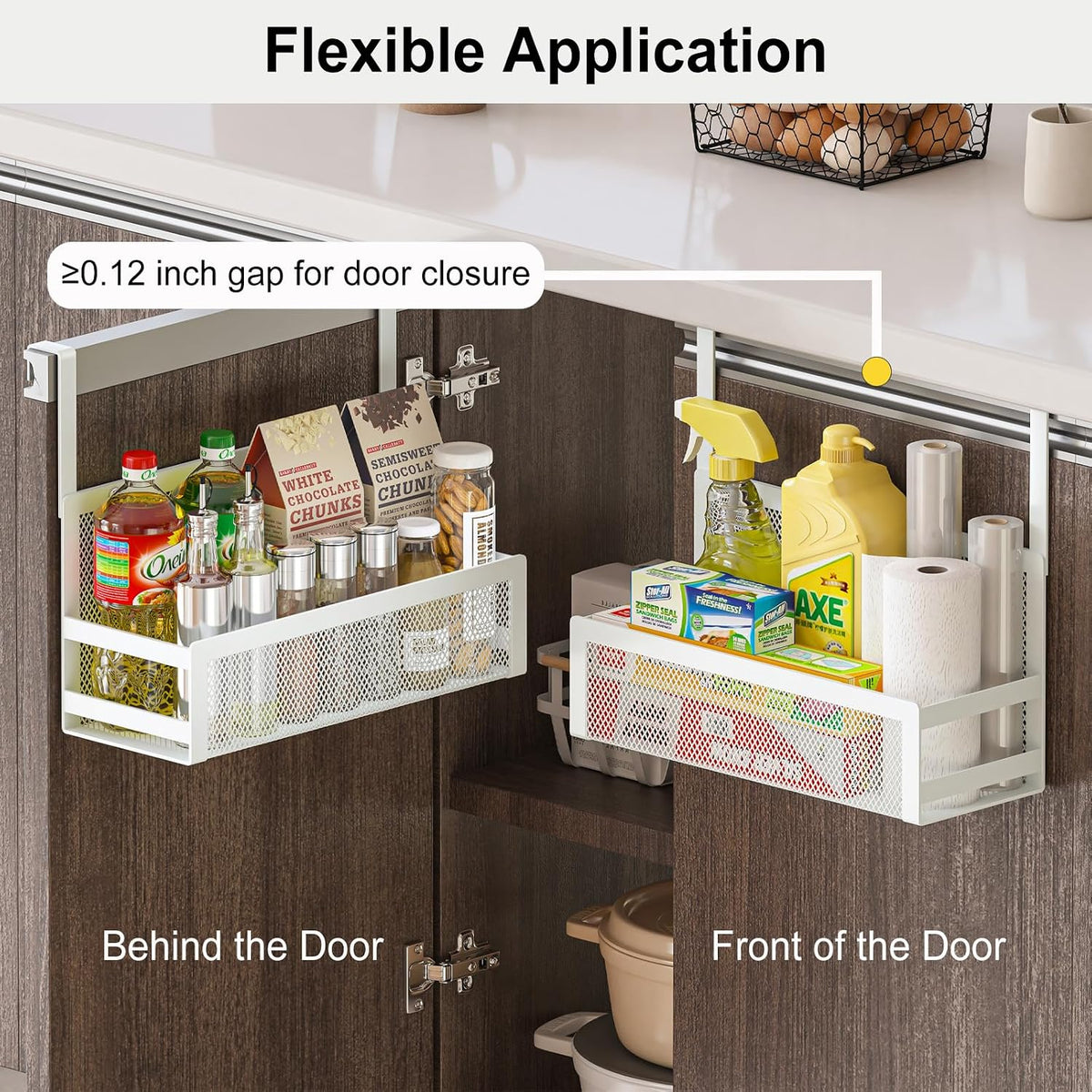 Hanging Bathroom Baskets Fine Mesh Wire Storage Basket Over Cabinet Door Organizer No Drilling Required for Kitchen Bathroom Office, 2 Larges, White
