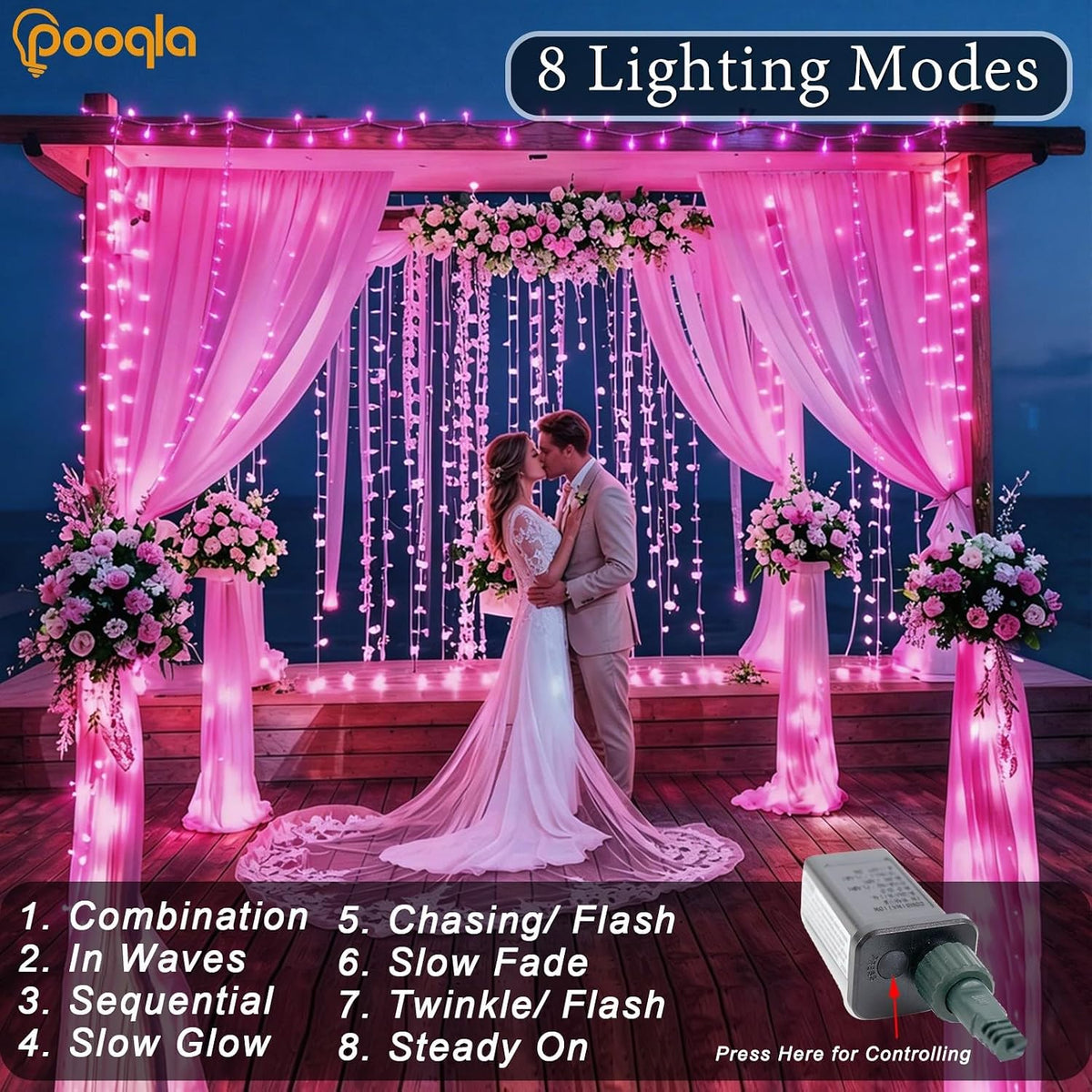 Pooqla 200 LED String Lights Indoor Outdoor, 66 ft Pink Christmas Lights Plug in with Timer, Connectable 8 Modes Waterproof Clear Wire Twinkle Fairy Lights for Halloween Xmas Tree Yard Wedding Decor