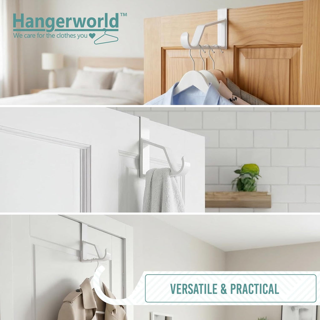 HANGERWORLD 2 Pack Over The Door Hooks for Hangers - Extra Strong White Plastic Over Door Hook for Hanging Clothes, Towels, Robes, Hats, Bags and More