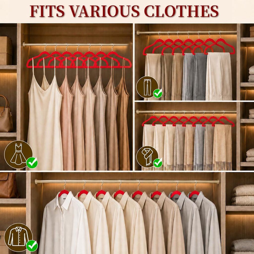 Velvet Felt Hangers 50 Pack, Non Slip, Slim, Space Saving, Red