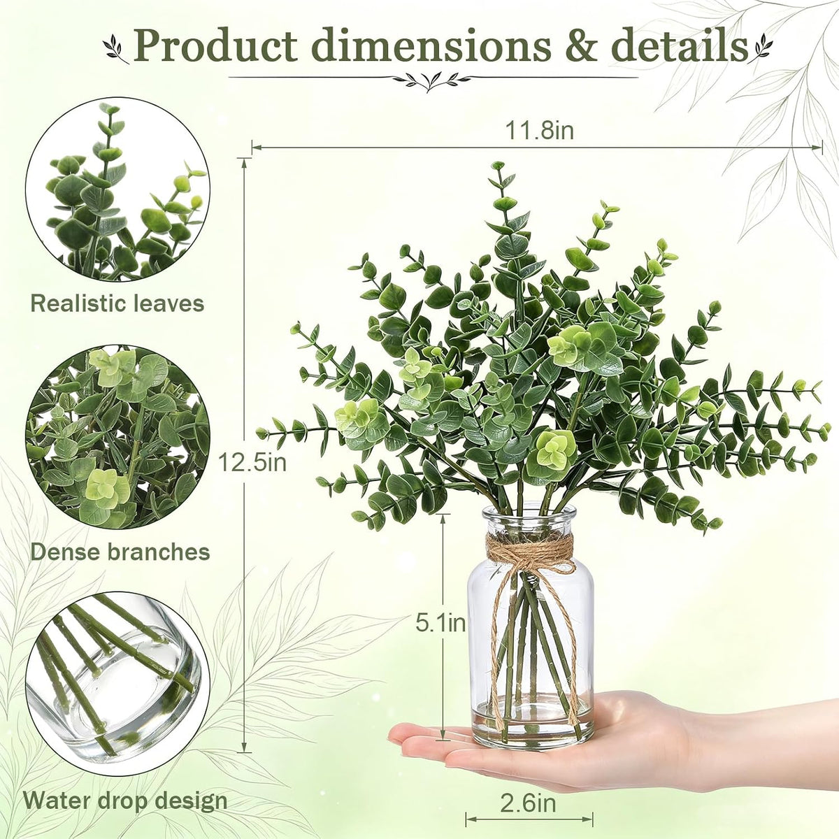 Coferset 2pcs Eucalyptus Potted in Glass Vase with Faux Water,Green
