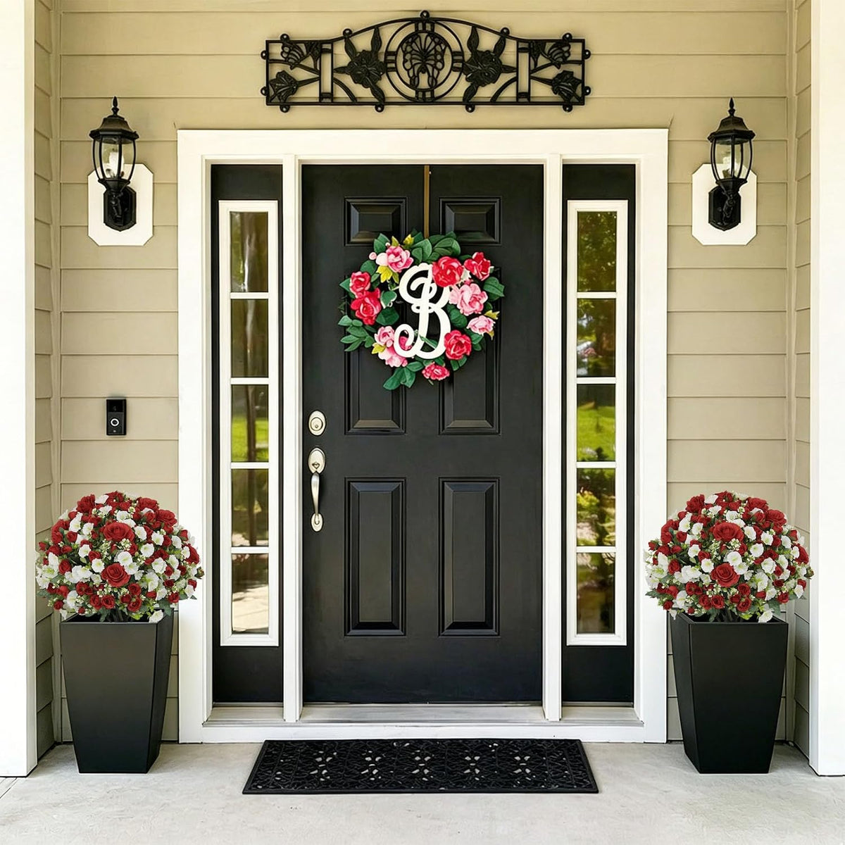 24" Artificial Potted Flowers for Outdoors, Silk Rose Faux Plants