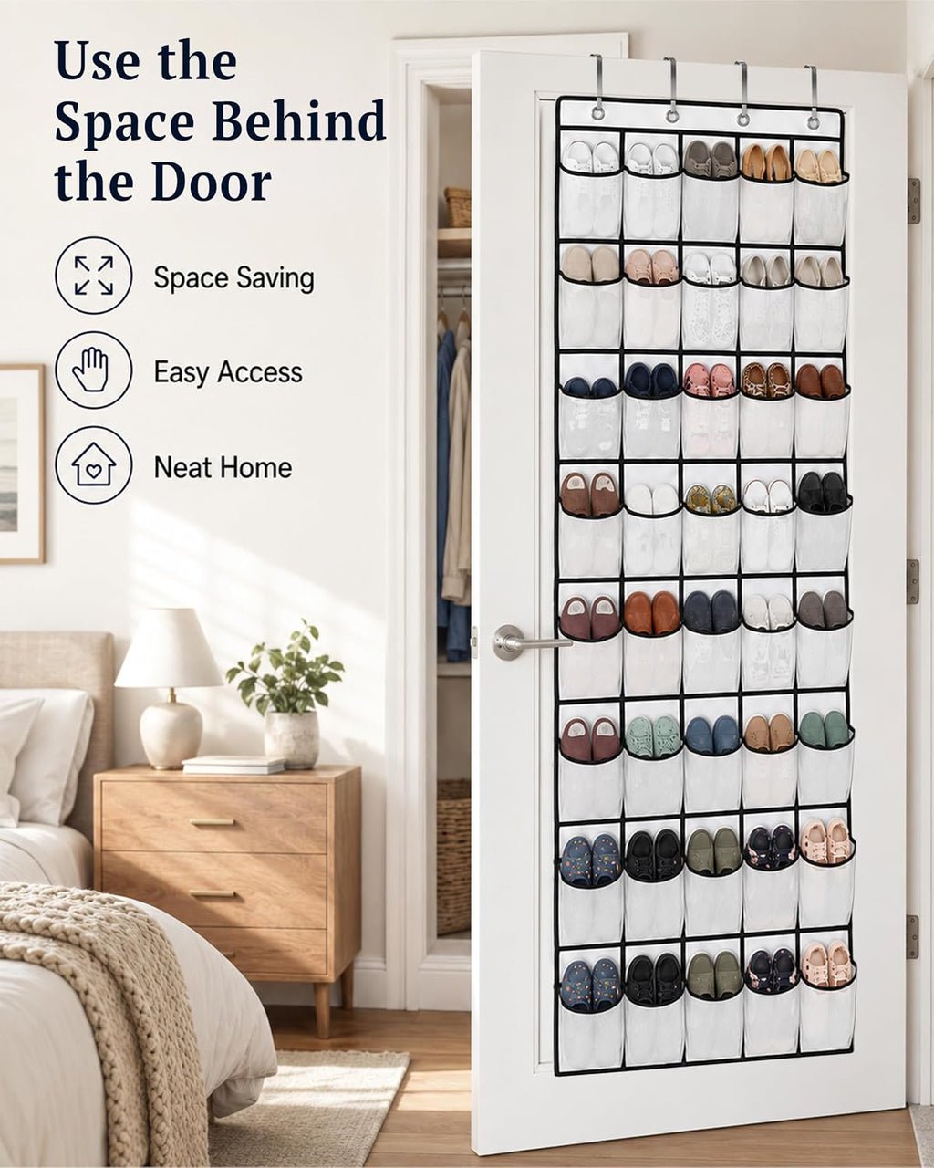 40 Pockets Over the Door Shoe Organizer, Reusable Large Capacity Breathable Mesh Pockets Shoe Holder, Space Saving Hanging Shoe Rack for Dorm Room Bedroom Entryway Closet Storage (White, 40 Pockets)