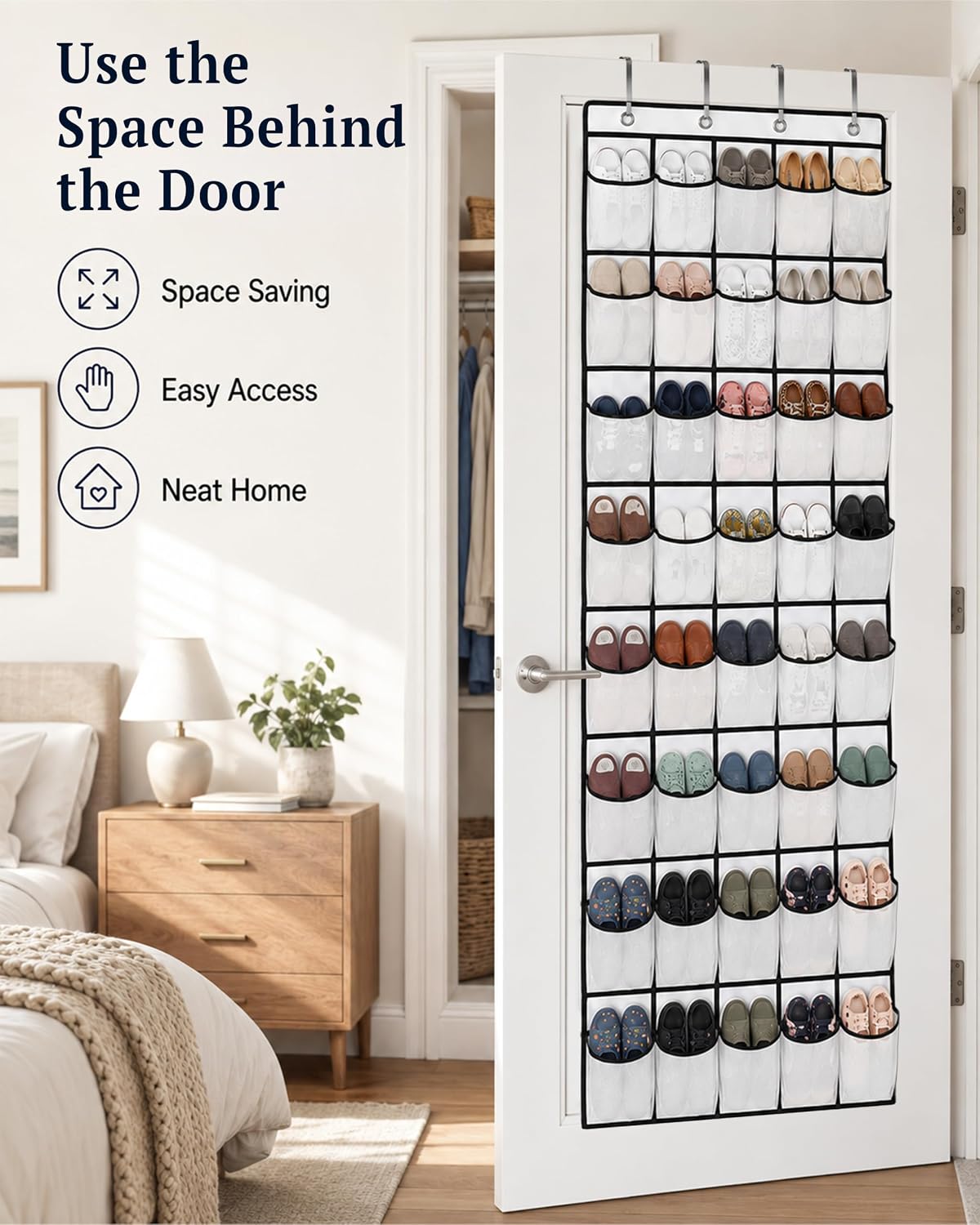 40 Pockets Over the Door Shoe Organizer, Reusable Large Capacity Breathable Mesh Pockets Shoe Holder, Space Saving Hanging Shoe Rack for Dorm Room Bedroom Entryway Closet Storage (White, 40 Pockets)