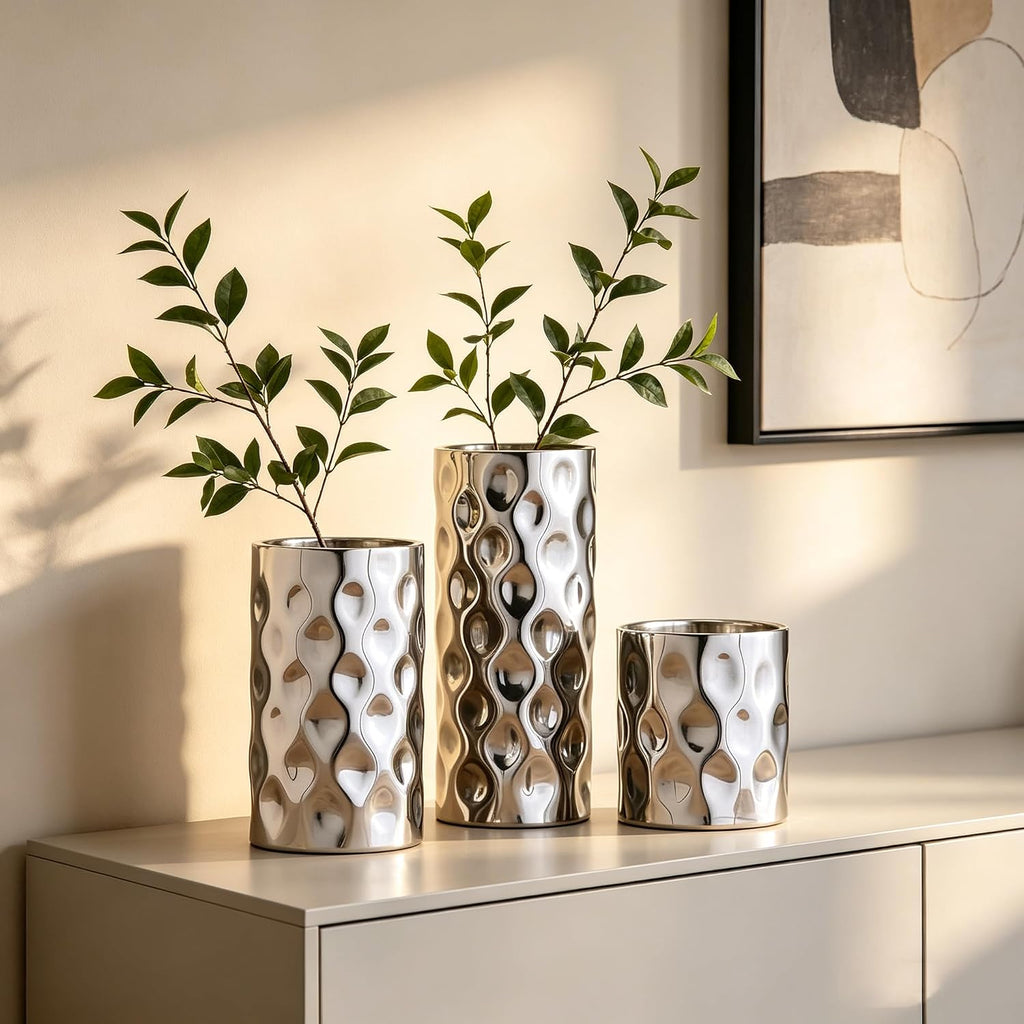 Hosley Set of 3 Silver Pillar Candle Holders – 3", 5", 7" High Decorative Metal Stand with Modern Pebble Pattern Design for Wedding Centerpieces, Holiday Décor, Parties, Table Accents