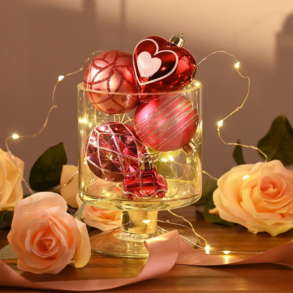 DecorbyHannah Valentines Day Ornaments Tree Decorations, 21ct Pink Red Heart Shaped Ornament Set for Tree, Valentine's Day Large Shatterproof Hanging Christmas Ball for Wedding Anniversary Party