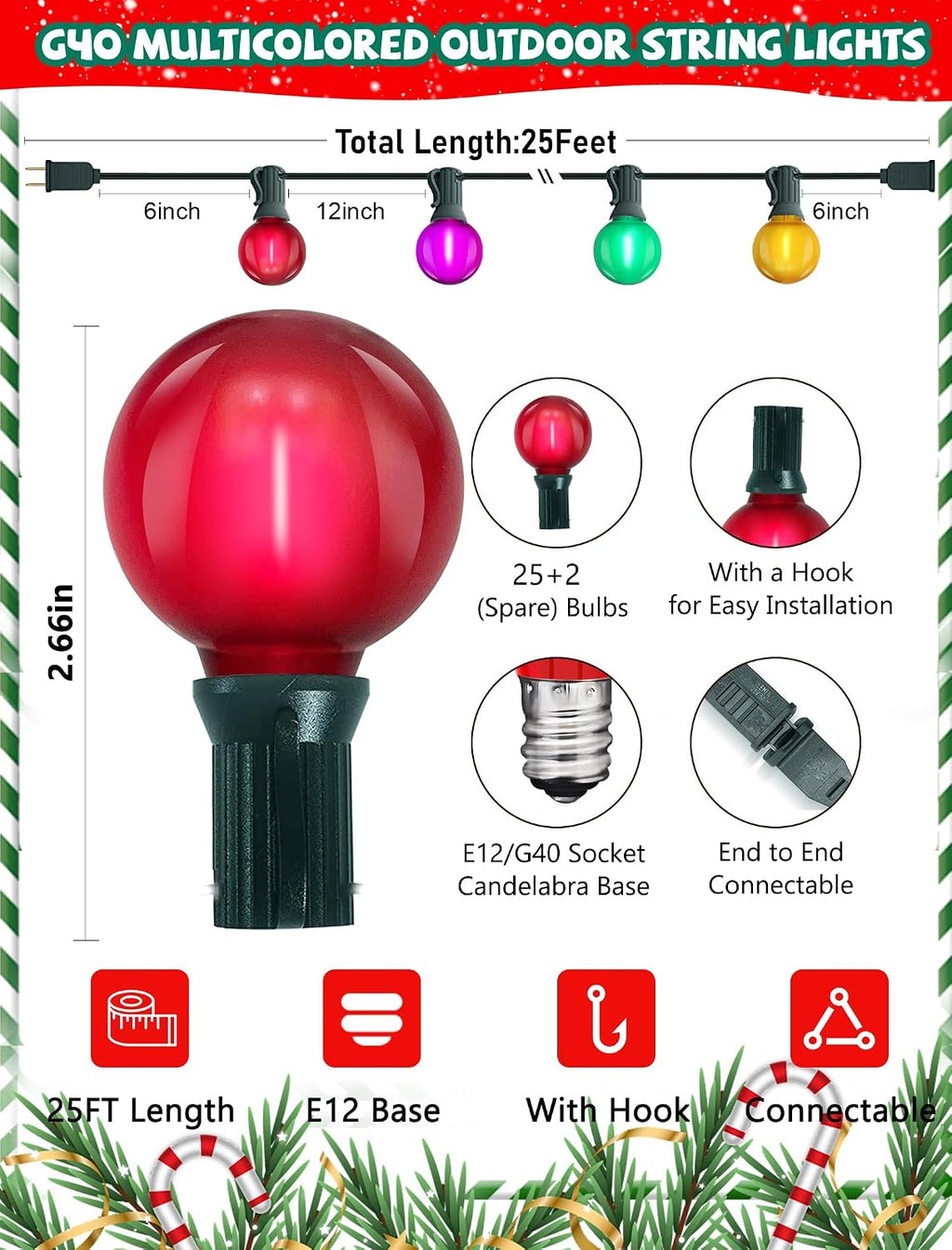 25Ft LED Multicolor String Lights Outdoor, Christmas Decor Patio Lights