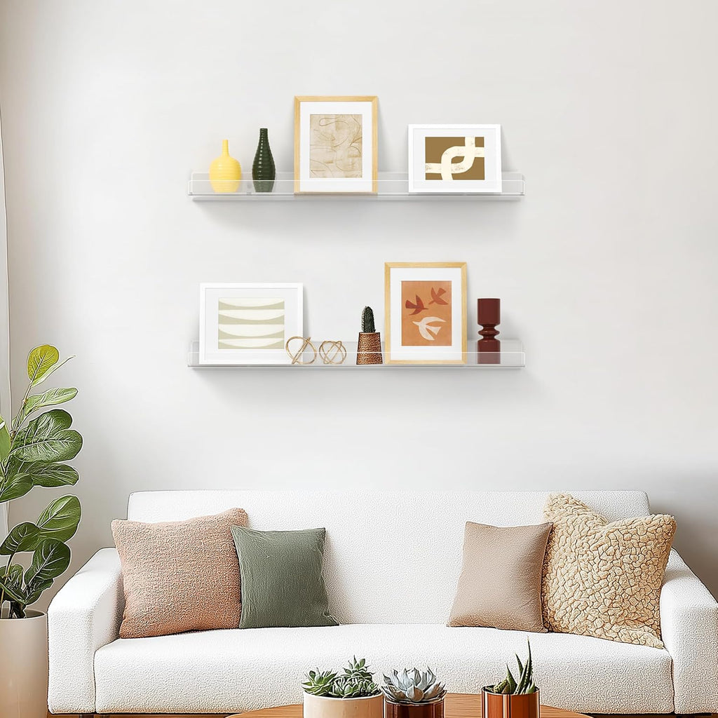36 Inches Clear Acrylic Floating Shelves Wall, Bookshelf for Kids, Nursery Book Shelves, Magazine Rack, Picture Ledge Shelf for Photo Frames Vinyl Records, Pack of 4