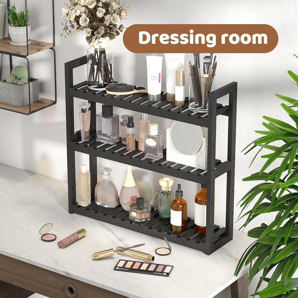 Bathroom Shelf Bamboo Organizer Rack Adjustable 3-Tier Storage Shelf Wall Mounted Storage Rack Over The Toilet Utility Shelves Living Room Kitchen Shelf(Black)